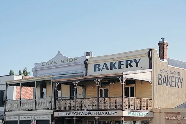 Historic Building in Beechwoth.  Beechworth Bakery second story building with veranda.