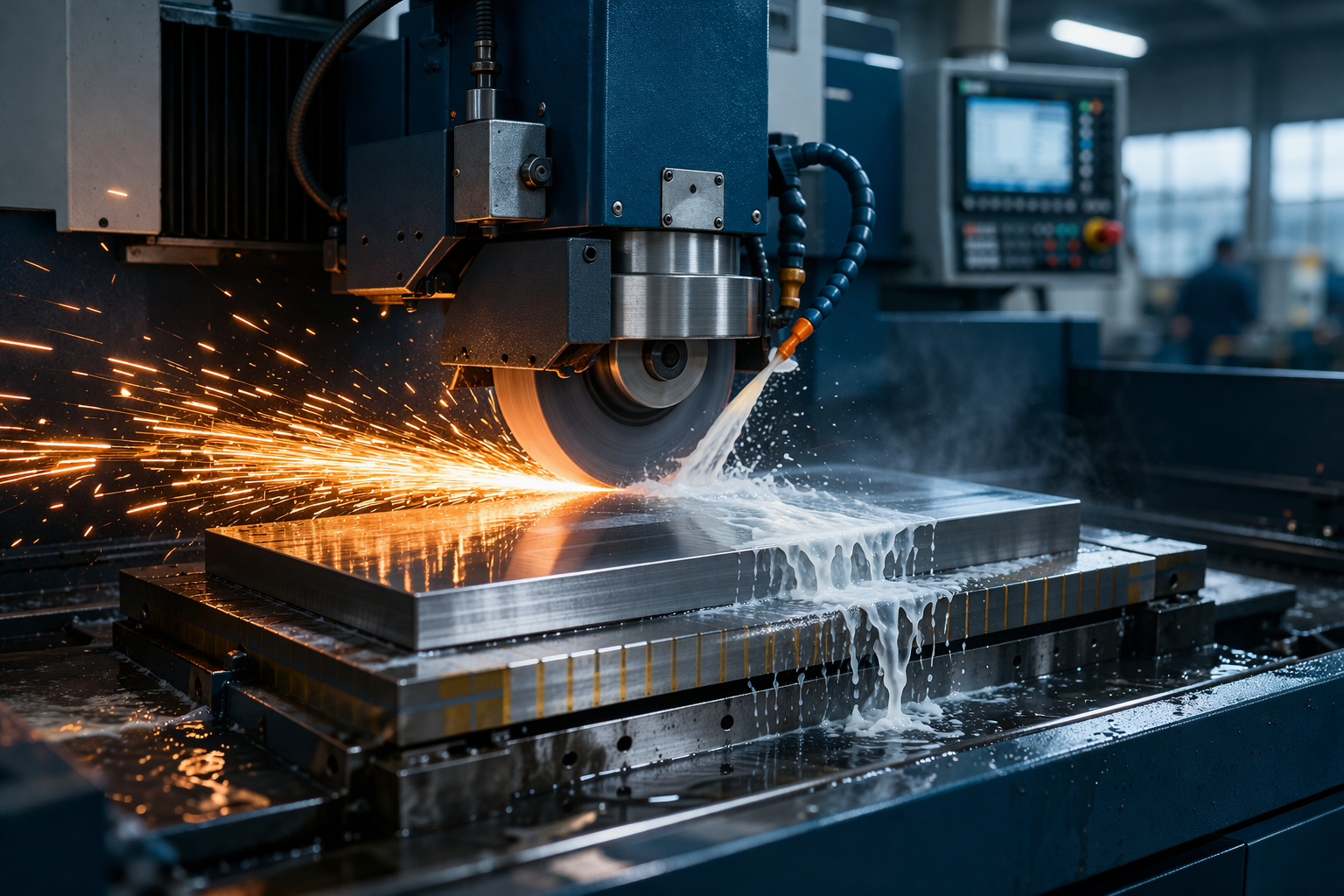 En industriel maskine skærer i metal, hvilket producerer gnister og væske, i en fabrik.