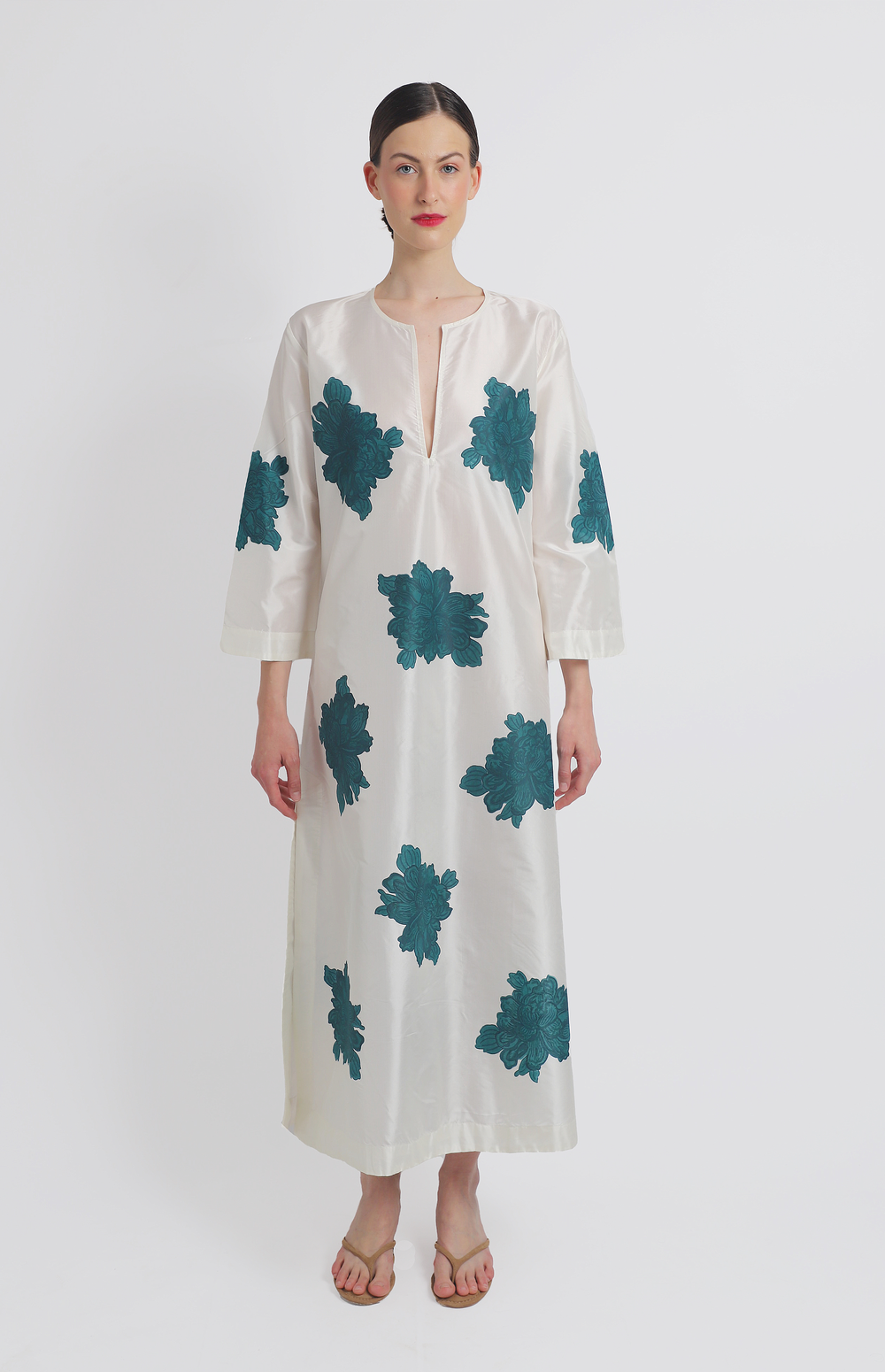 Cecilia Taffeta Silk Dress with Dark Green Peony Block Tallulah World Cecilia Taffeta Silk Dress with Dark Green Peony Block Tallulah World