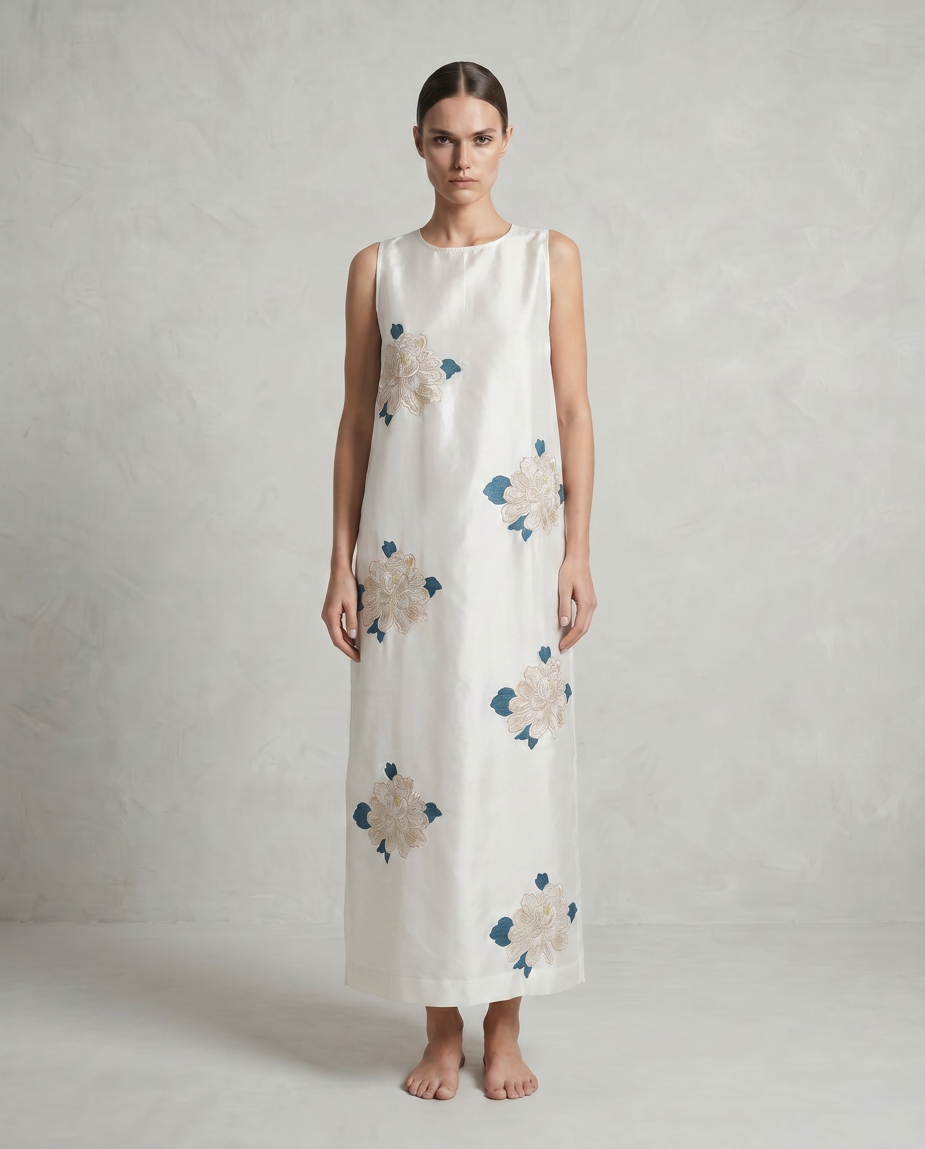 Freja Taffeta Silk Dress with Peony Flower Block
