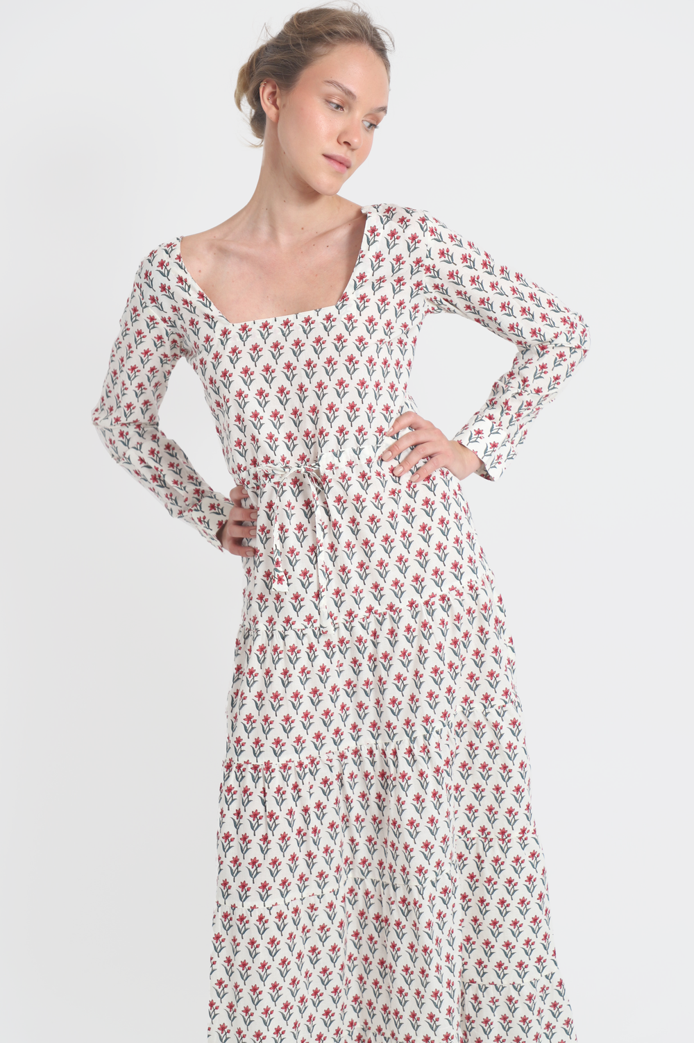 white christmas dresses Women's Sunflower Drop Waist Square Neck Embroidered Cotton Maxi Dress S/M/L/Customize Garden Green Floral Mean Blvd S / Garden Green / Floral main image 0