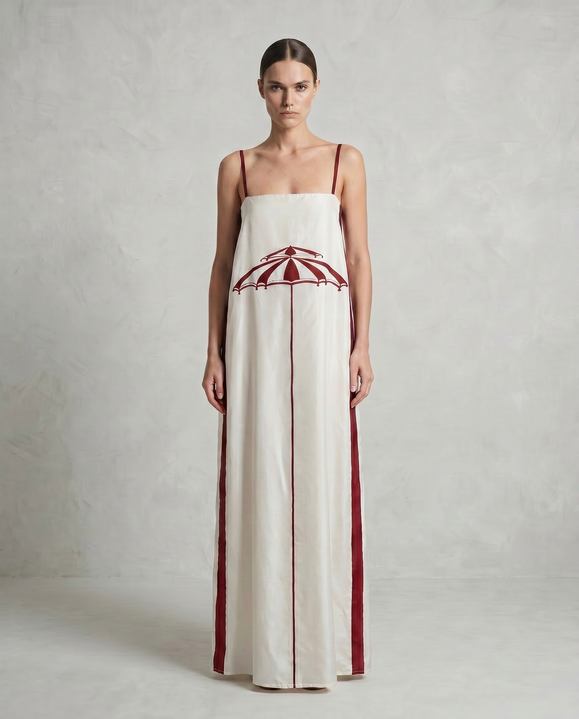 Cannes Silk Dress with Patio Umbrella in Red Monaco Stripes