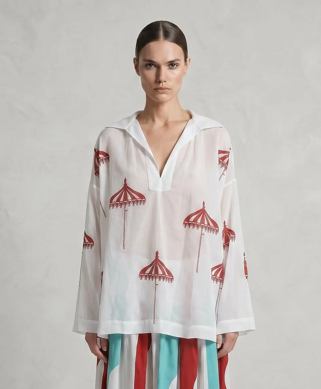 Era Blouse with Patio Umbrellas in Crew Le Sirenuse Red Stripes