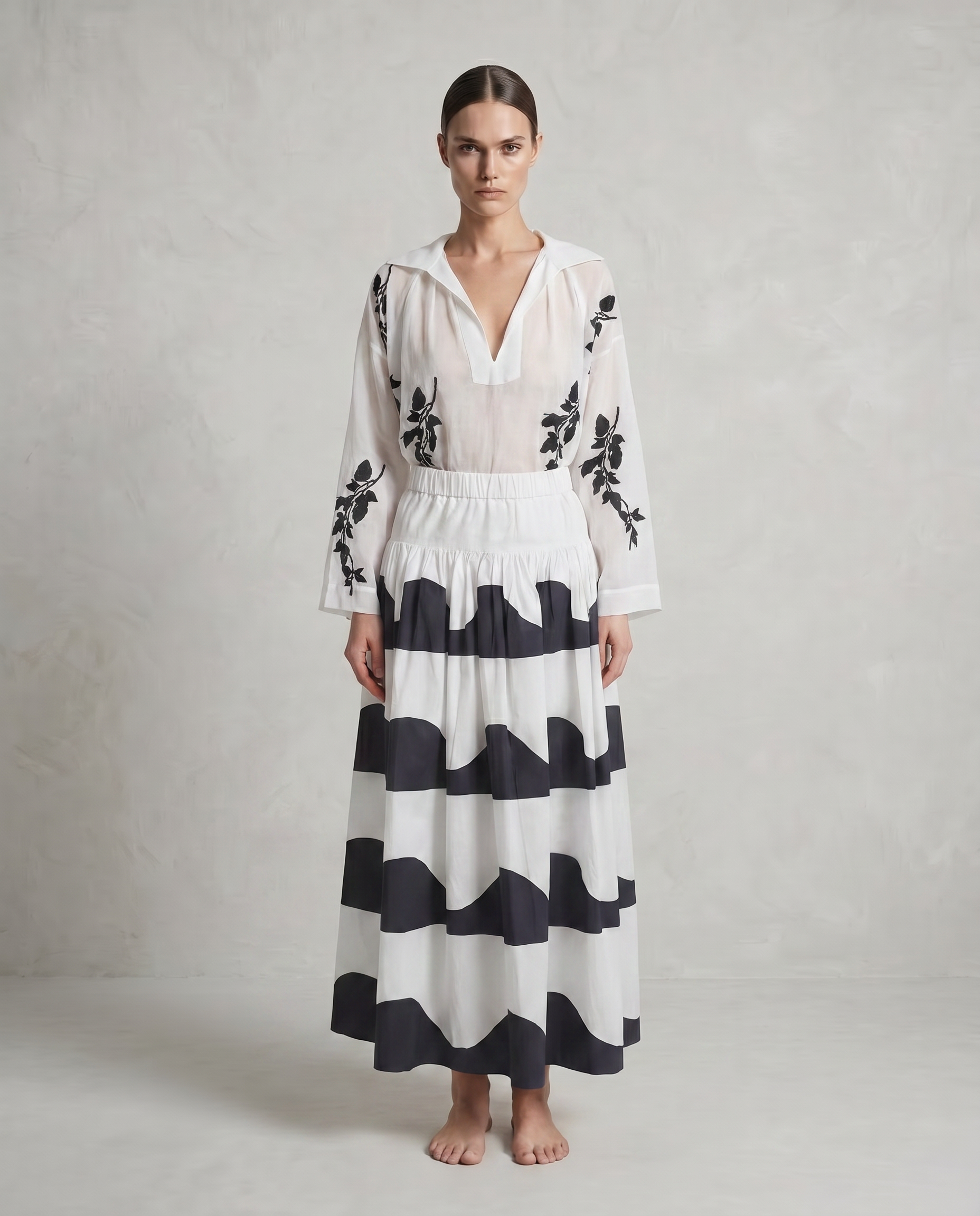 Antibes Skirt with Dark Blue Scallop Block Print