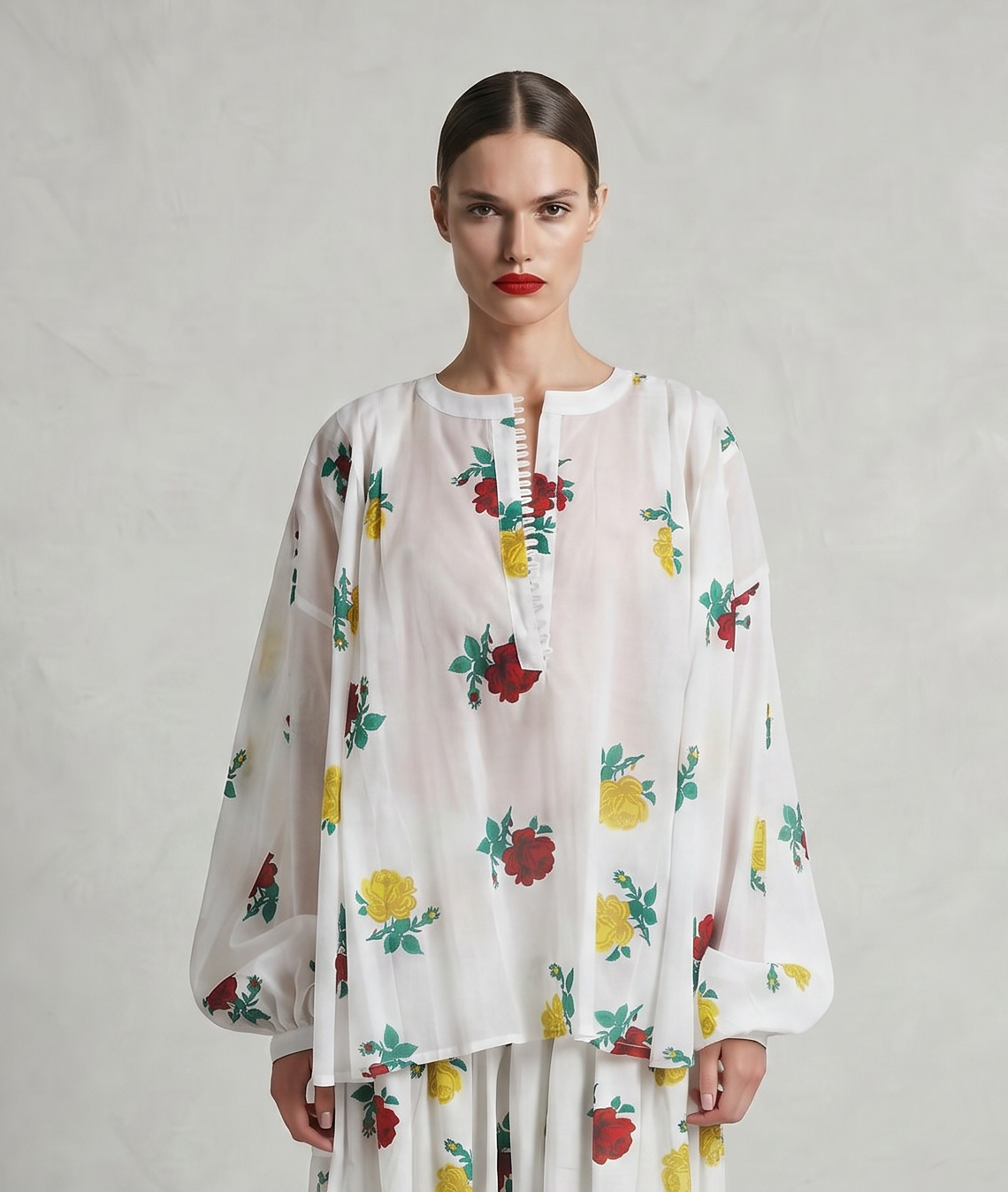 Maeve Blouse with Red and Yellow Rose Blockprint