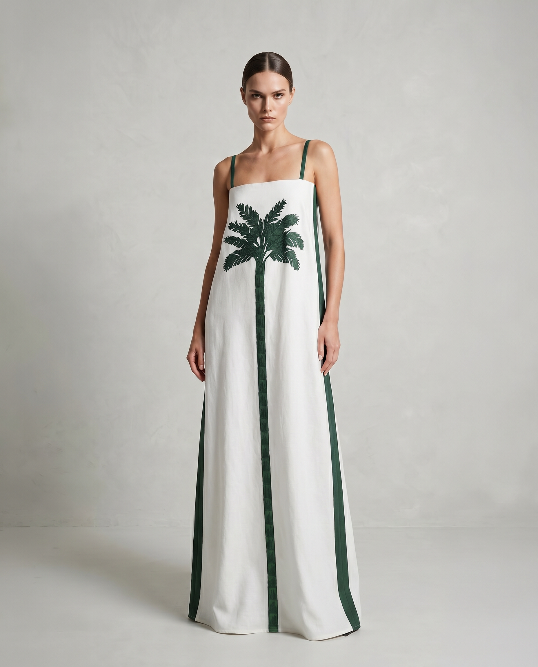 Cannes Cotton Dress with Green Palm Tree Block Print