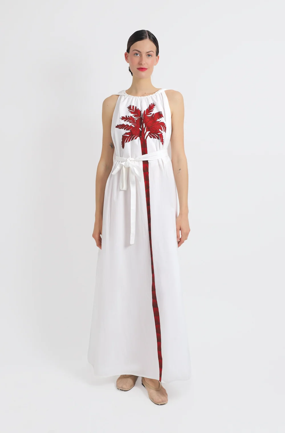 Bardot Cotton Dress with Red Palm Tree