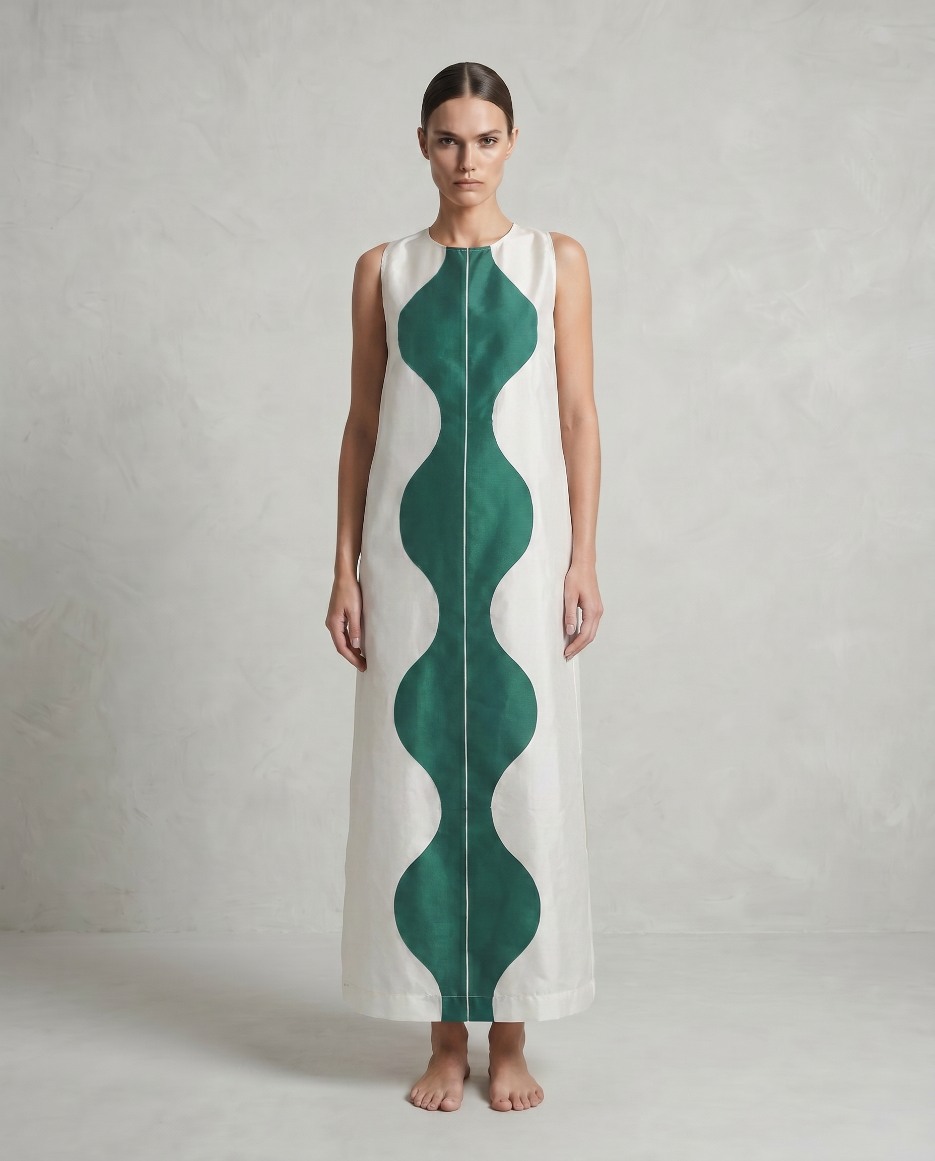 Freja Taffeta Silk Dress with Dark Green Scallops