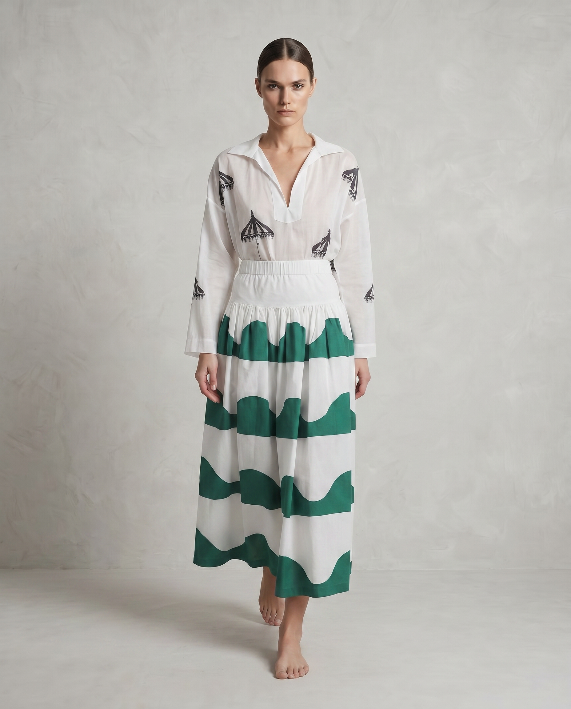 Antibes Skirt with Dark Green Scallop Block Print