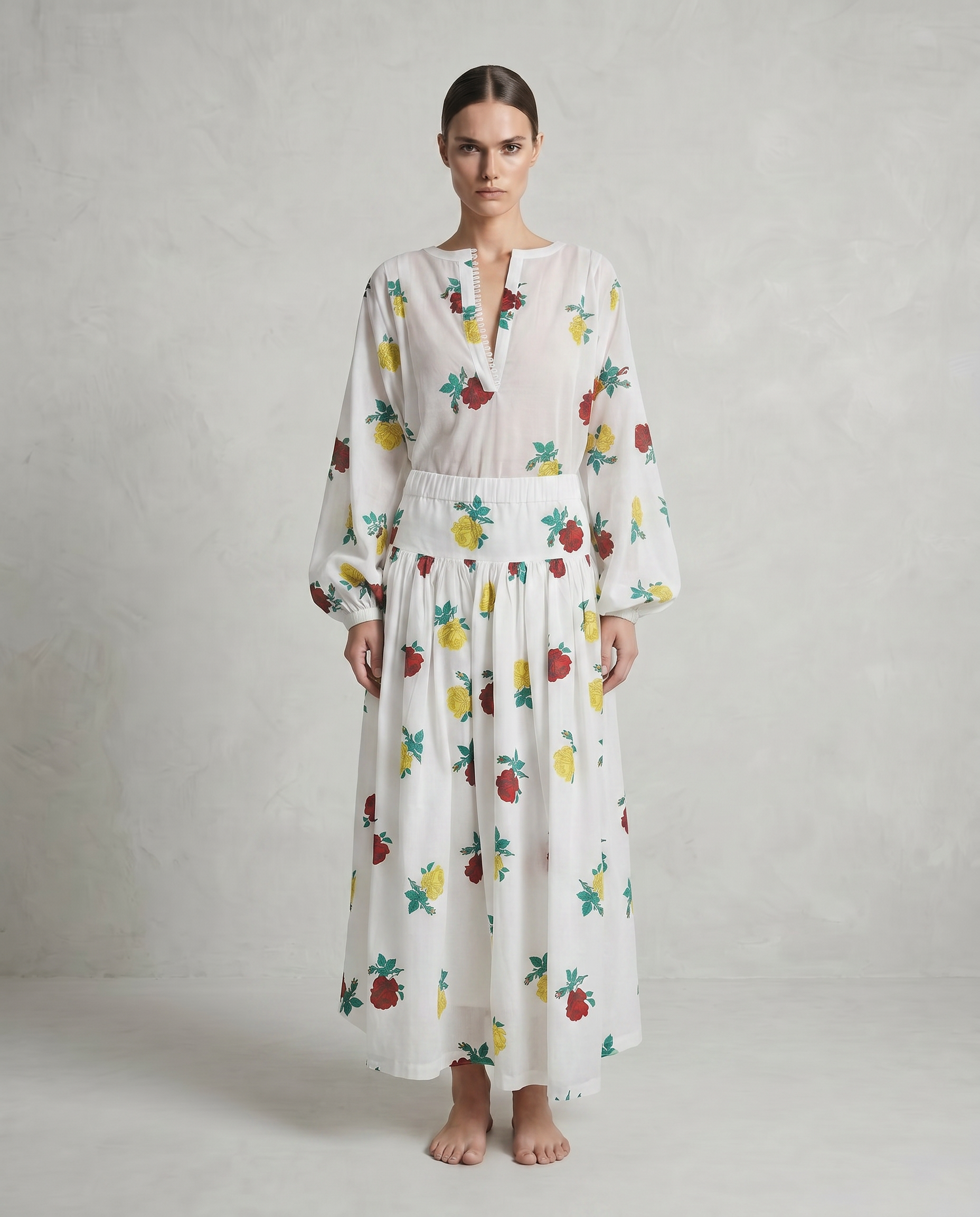 Antibes Skirt with Red and Yellow Rose Blockprint