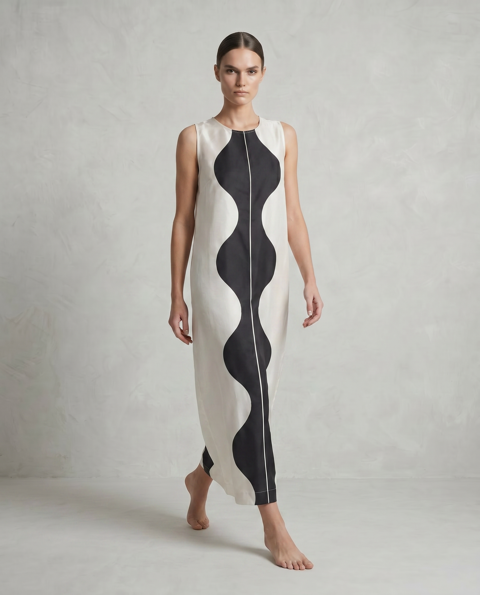 Freja Taffeta Silk Dress with Dark Blue Scallops