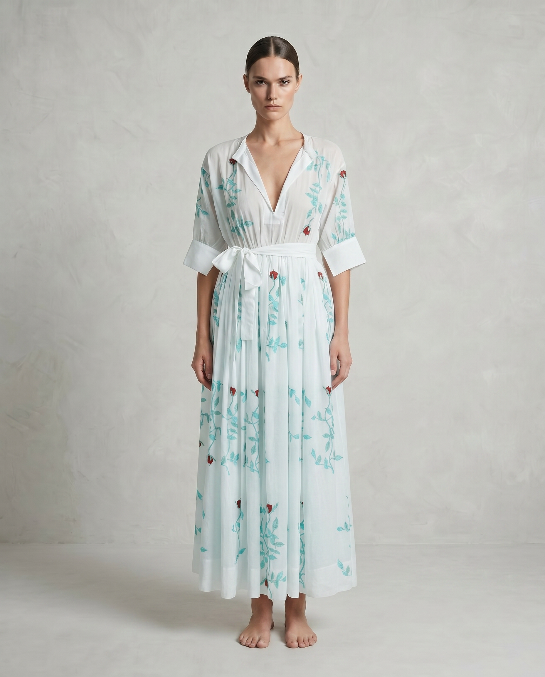 Provence Dress with Delicate Red Rose Block Print
