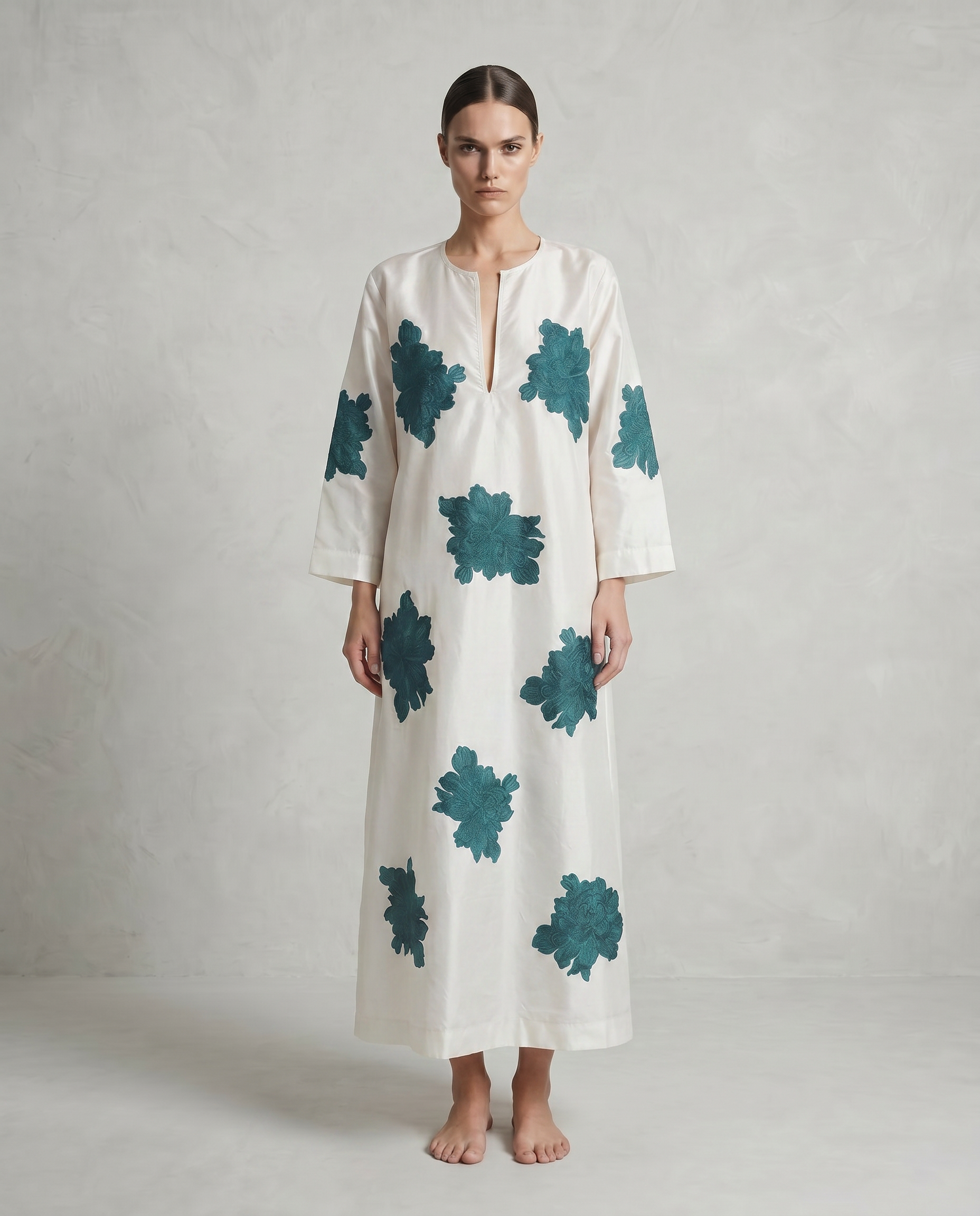 Cecilia Taffeta Silk Dress with Dark Green Peony Block