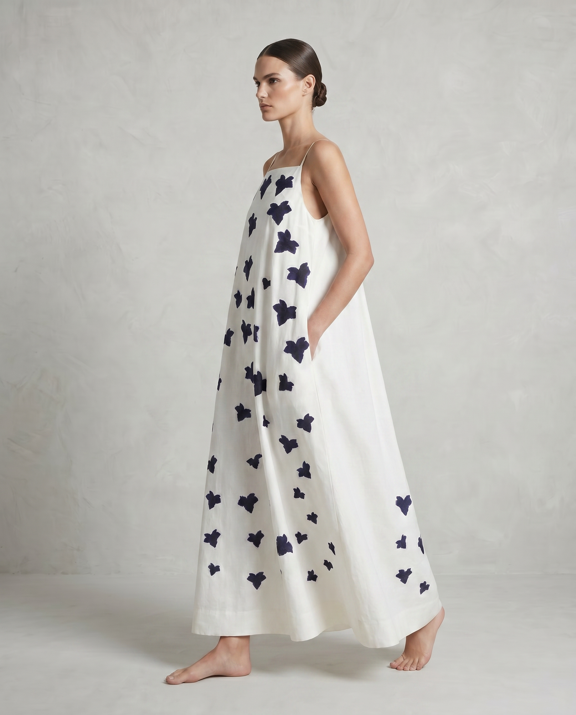 Avignon Dress with Dark Blue Ivy Leaf Block Print