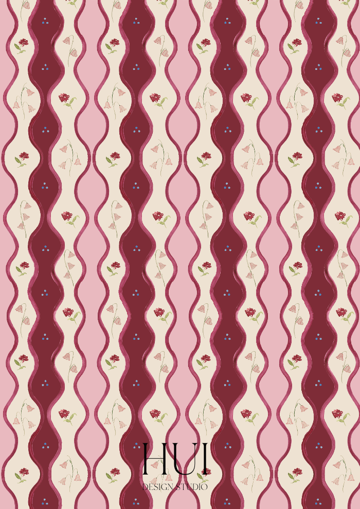 Pattern of vertical wavy lines in red, pink, and beige with small floral and leaf motifs, and the text 'HUI Design Studio' at the bottom center.