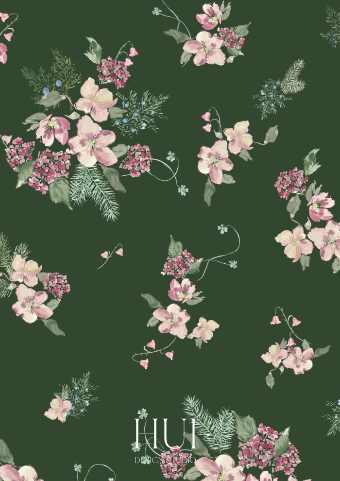 Floral pattern with pink and cream flowers, green leaves, and branches on a dark green background.