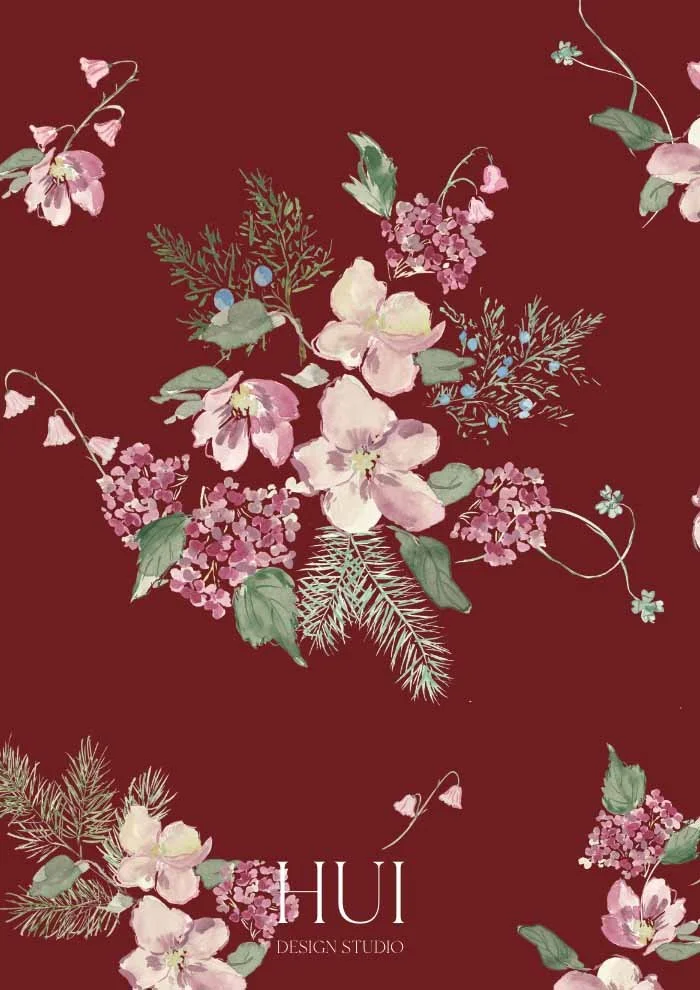 Floral pattern with pink and white flowers, green leaves, and pine branches on a maroon background, with 'HUI Design Studio' text at the bottom.