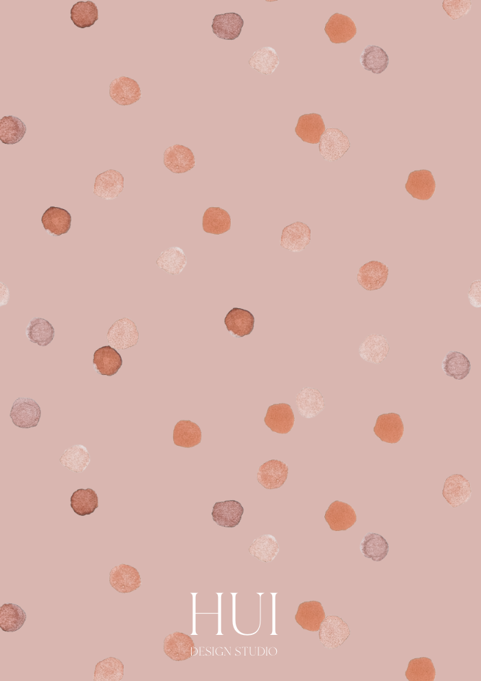 Pink background with scattered multicolored polka dots and the text 'HUI Design Studio' at the bottom.