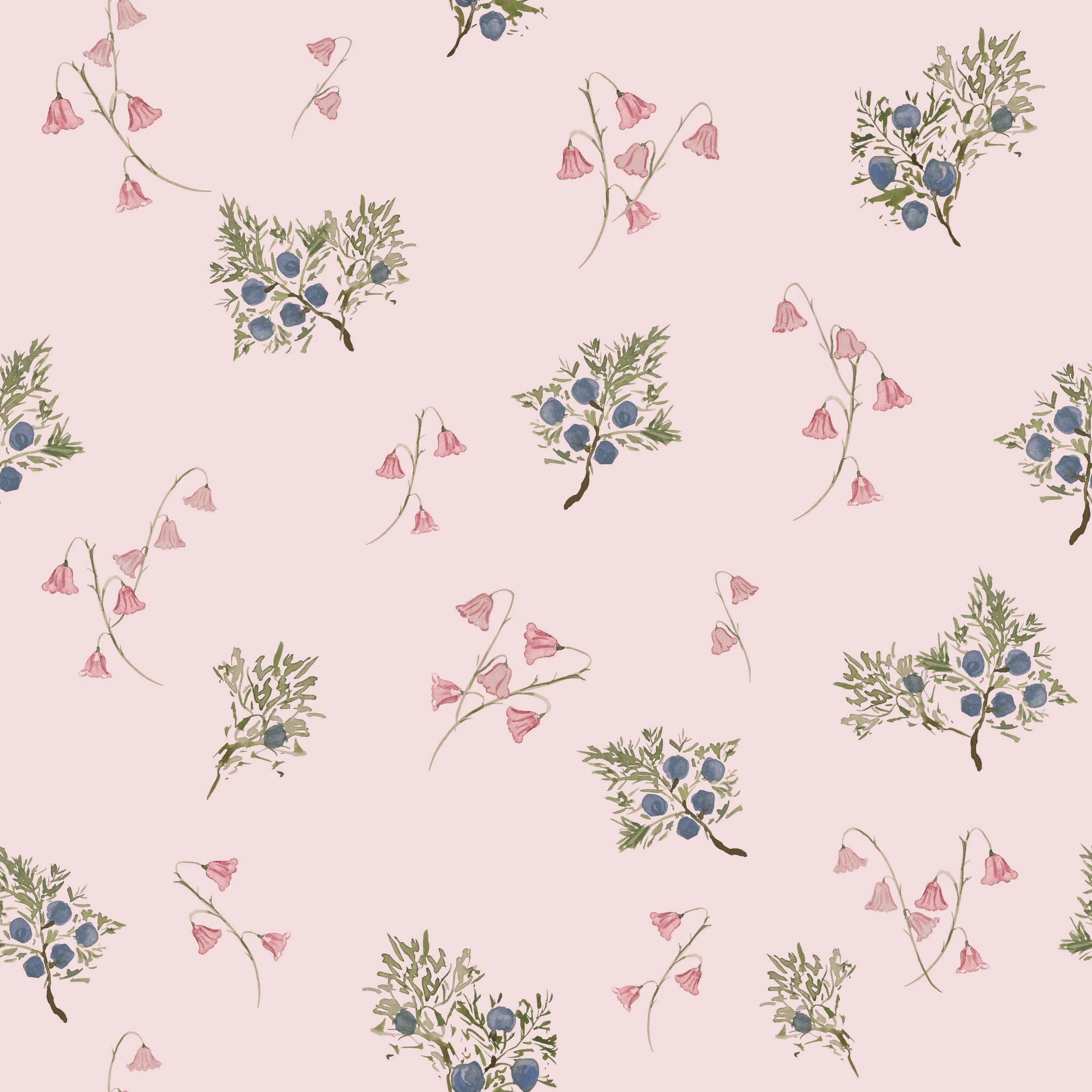 Pattern of blueberry bushes and pink daylilies on a pale pink background.