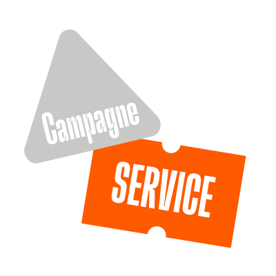 Twee overlapping pennen, een grijze met 'Campagne' en een oranje met 'SERVICE'.