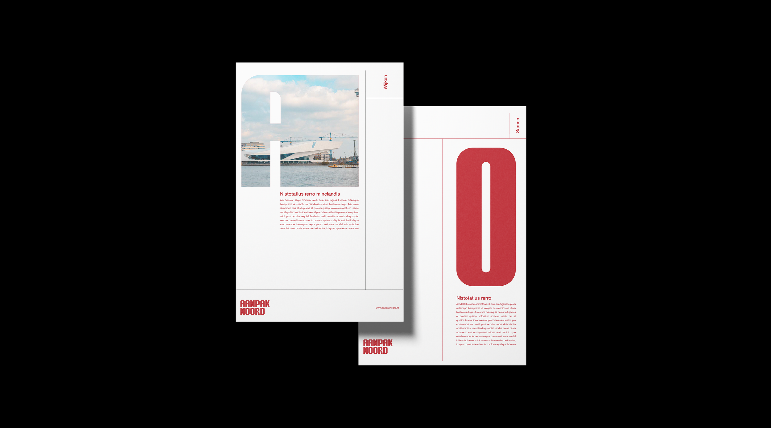 Brochure ontwerp met een afbeelding van een moderne botenwerf en tekstblokken met placeholdertekst.