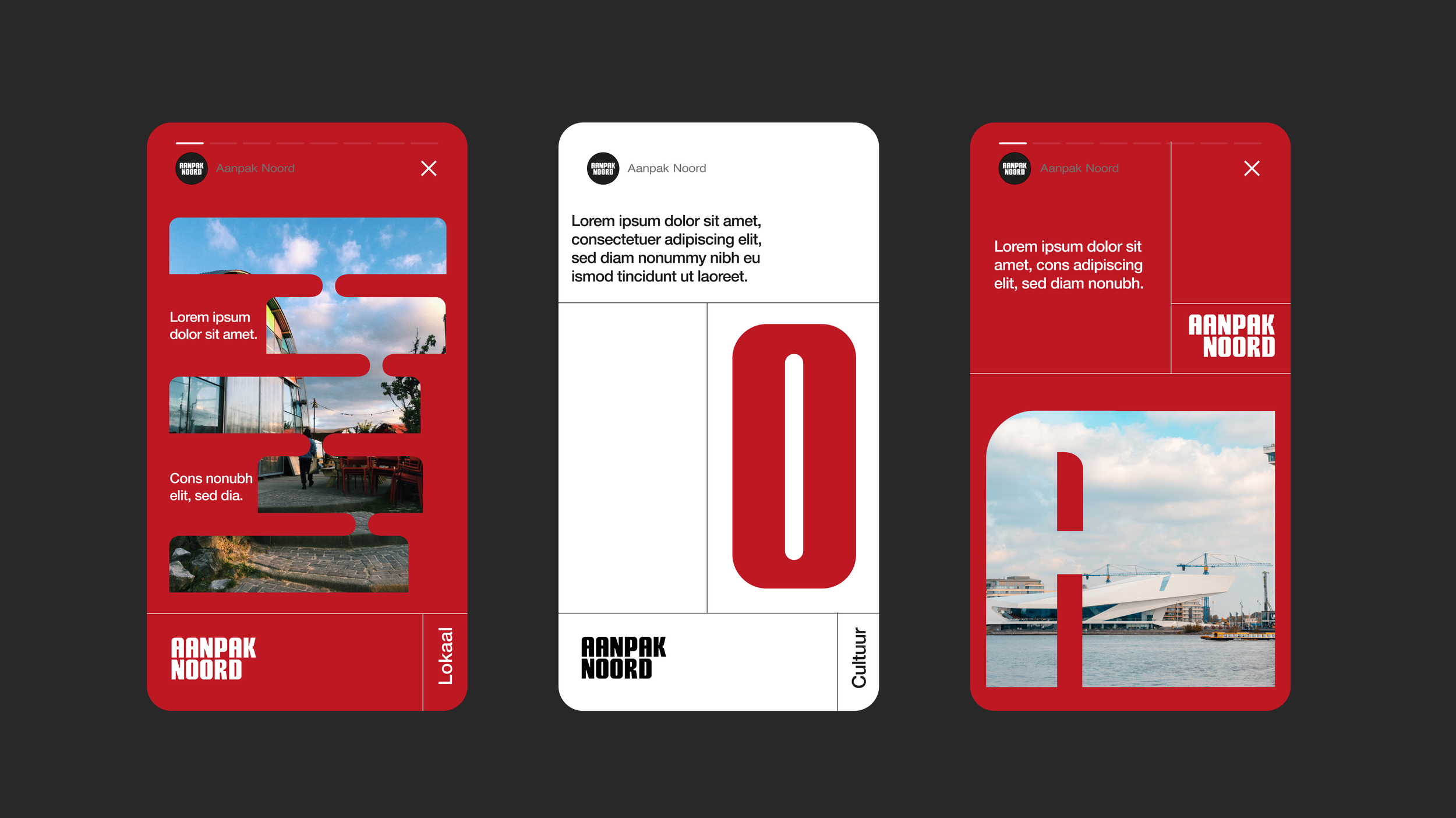 Drie mobiele ontwerpen van een website of app met de titel 'Aanpak Noord', gebruikmakend van rood, zwart en wit kleuren, met afbeeldingen van gebouwen en stadsgezichten.