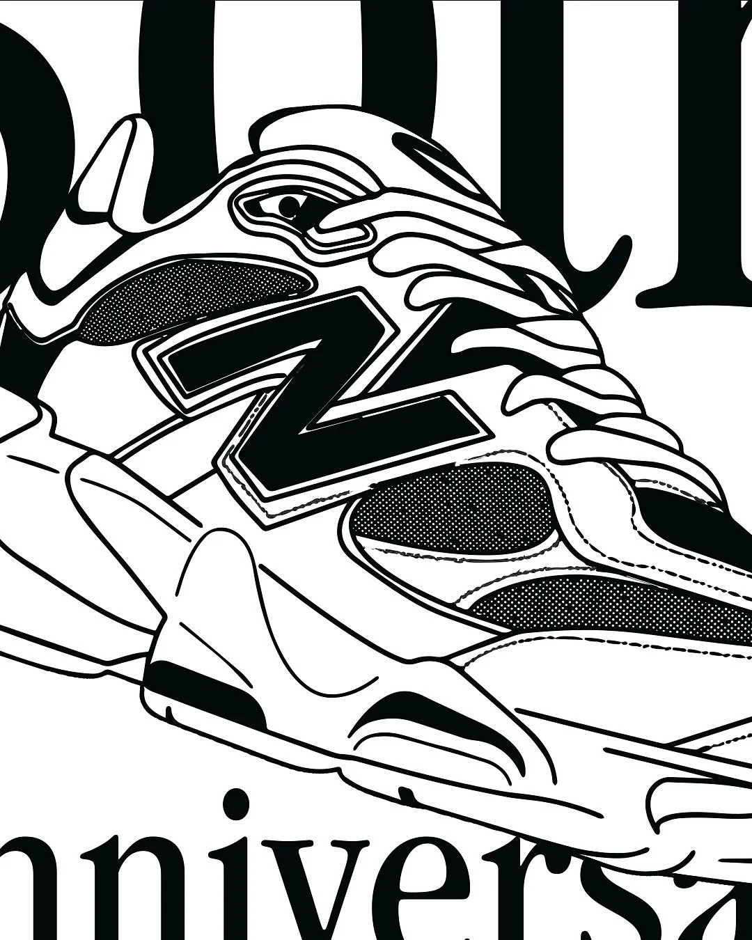 Illustratie van een sneaker met een grote letter Z en een hand die de schoen vasthoudt.