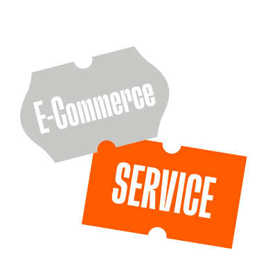 Twee tickets, een grijze met 'E-Commerce' en een oranje met 'Service'