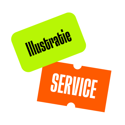 Twee kaartjes met de woorden 'Illustratie' en 'Service' in verschillende kleuren.