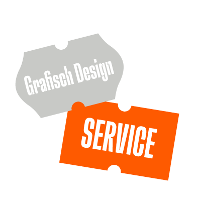 Twee kaartjes met de woorden 'Grafisch Design' en 'Service'