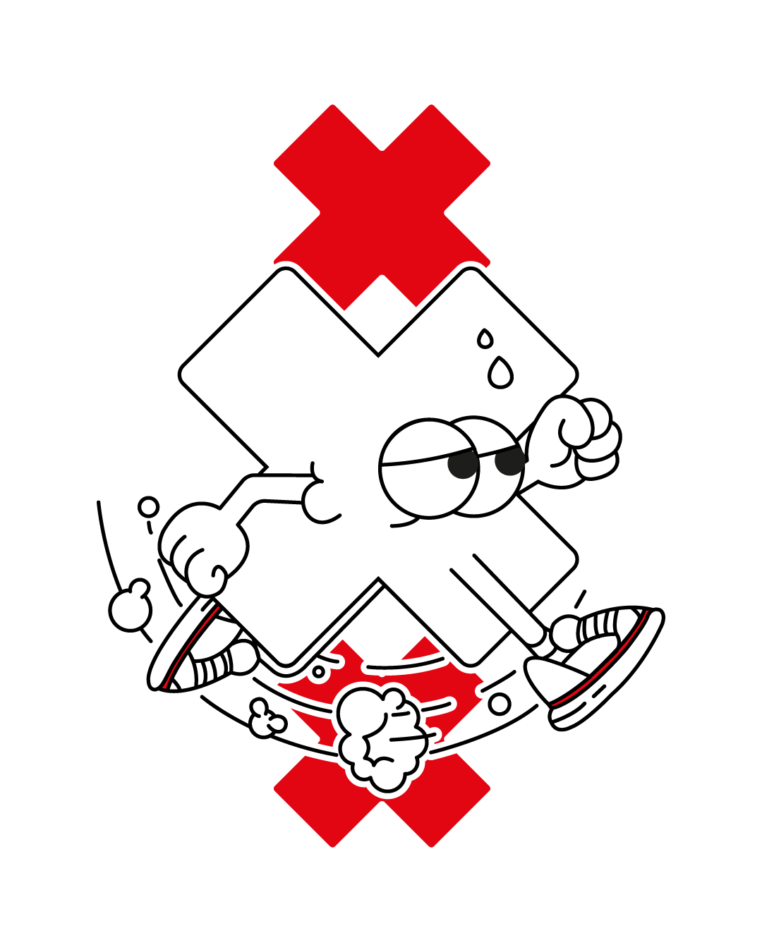 Een cartoon van een hygienievoedsel met een zonnebril en lopend, met een grote rode kruis erboven en eronder op zwarte achtergrond.