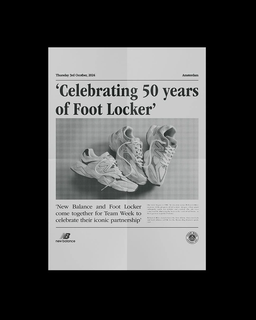 Nieuwsartikel over het 50-jarig bestaan van Foot Locker, met een foto van sportschoenen en tekst die aangeeft dat New Balance en Foot Locker samenkomen voor Team Week.