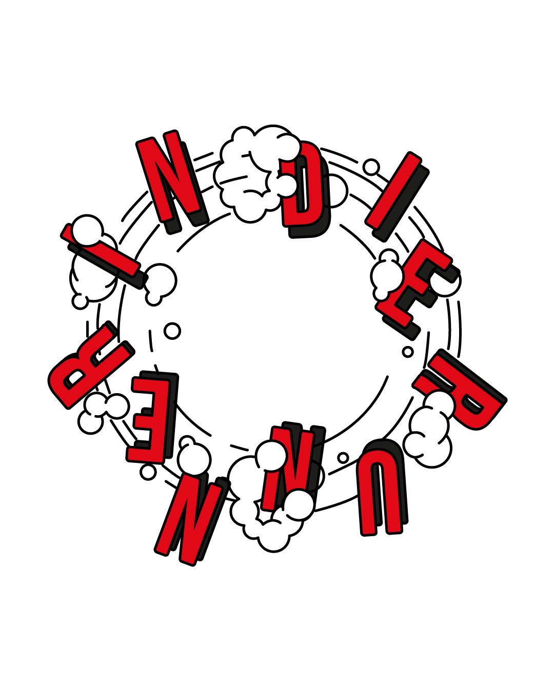 Een grafische afbeelding met de tekst 'NO DIP' geschreven in rode en zwarte letters, omringd door rook- of cloudachtige illustraties op een zwarte achtergrond.