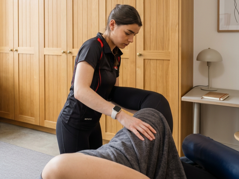 Physical therapist performing a leg lift exercise on a patient in a clinic room.