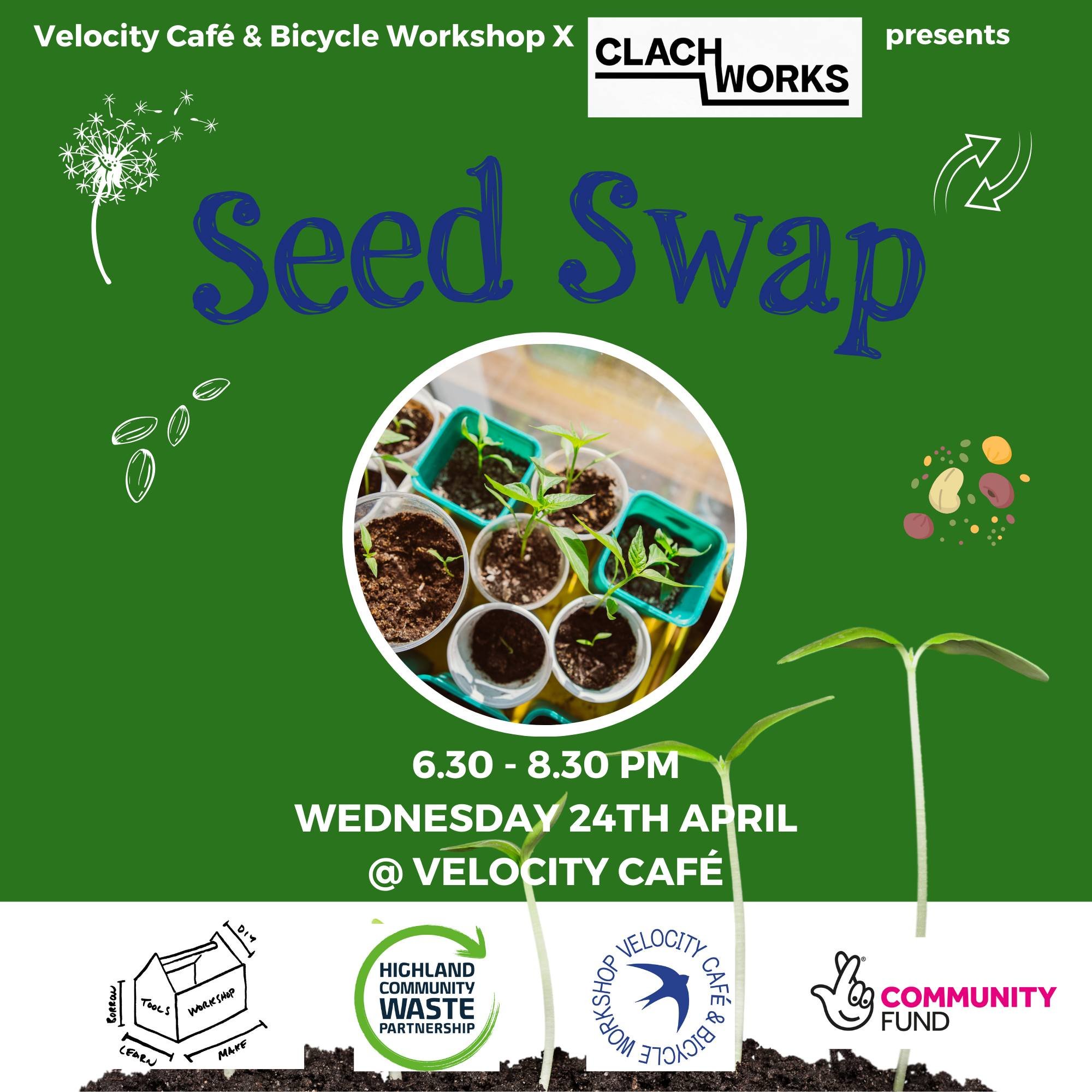 🔄✨SEED SWAPPING EVENT at the Velocity caf&eacute; with Clachworks!�✨🔄

🌱Bring any seeds or seedlings to swap if you wish! �🌱

☕Drinks will be served between 6.30-7pm.

Booking link 👉 in bio
Please feel free to make a donation to help the future 