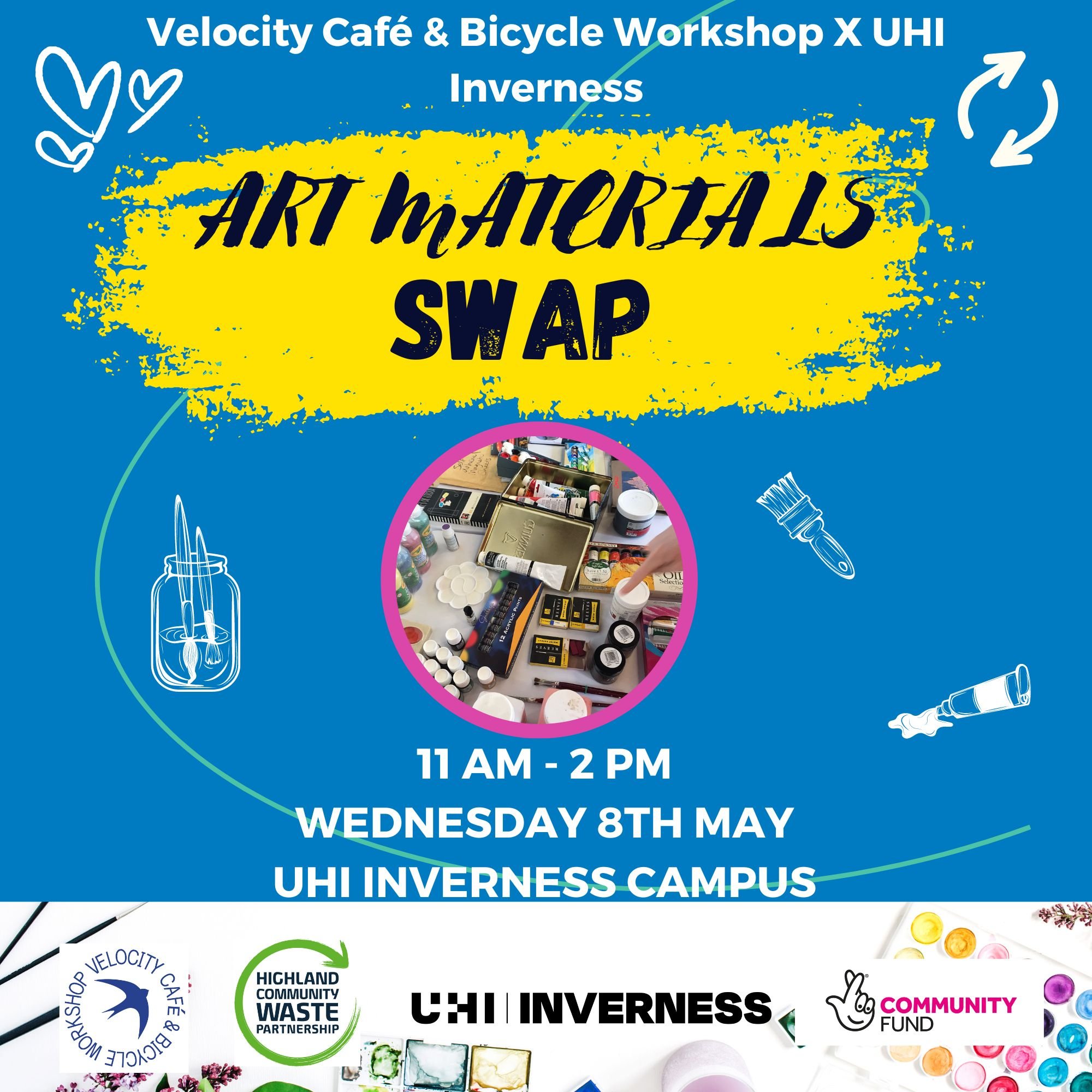 Calling all UHI art students, alumni and all student artists and creatives! 

✨🔄Along with @UHIInverness we are hosting a free ART MATERIALS SWAP event on WEDNESDAY 8TH MAY🔄✨

Do you have lightly-used or new art materials that have been collecting 