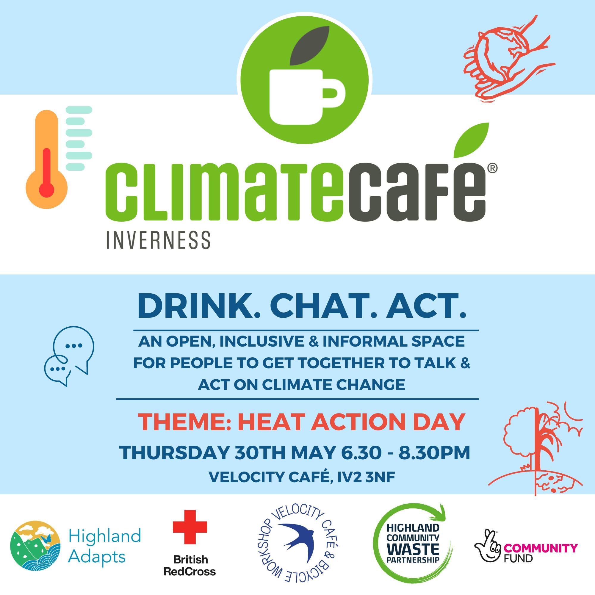 Next Climate Caf&eacute; Inverness ☕💬🌎
📅 Thursday 30th May
Theme - HEAT ACTION DAY 🌡️ 

Heat Action Day is on the 2nd of June 2024. It is a global day for raising awareness of heat risks and sharing simple ways to beat the heat. 

This Climate Ca