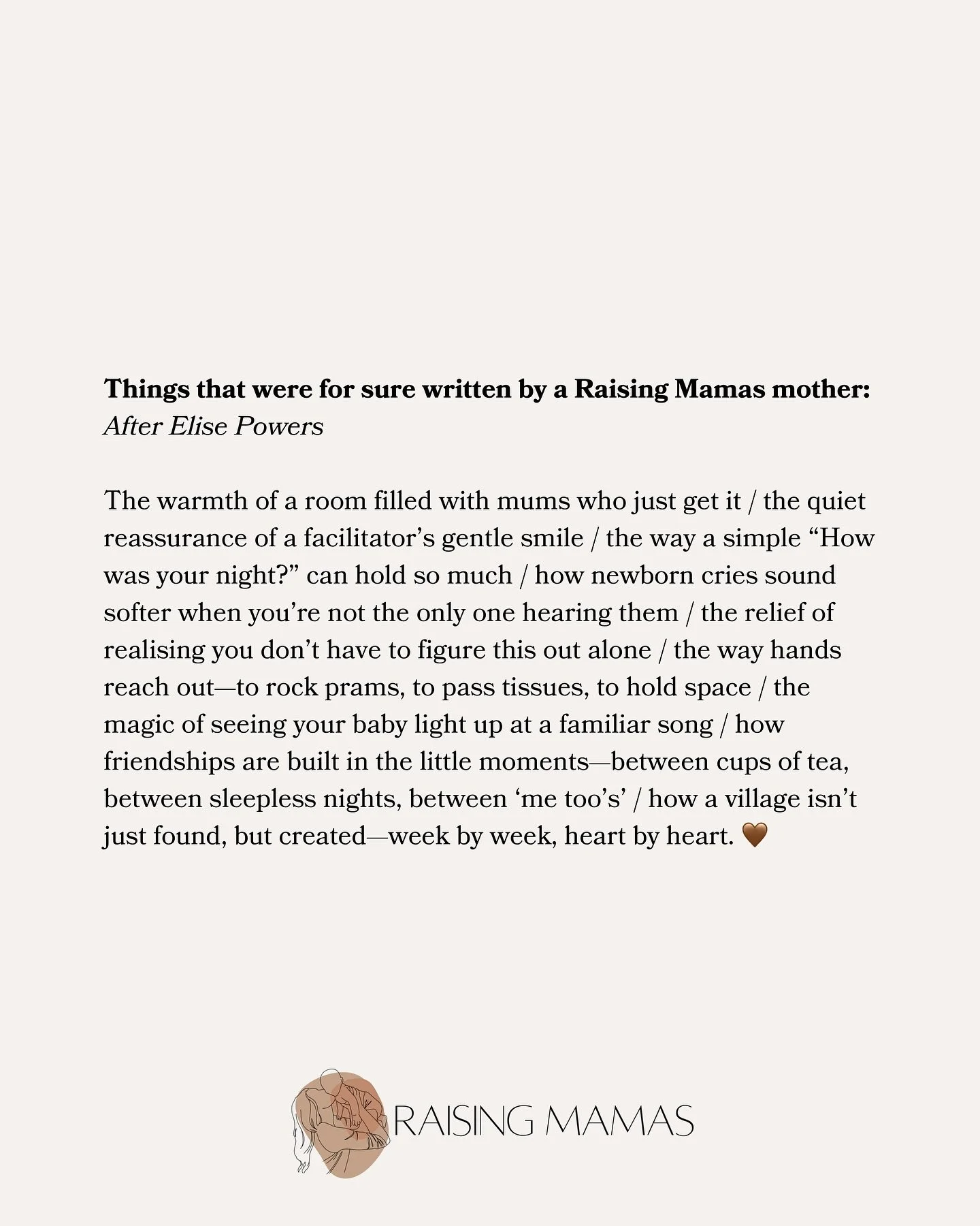 You were never meant to do this alone. 🤎
The sleepless nights, the endless feeding, the moments of pure joy mixed with exhaustion—you don’t have to figure it all out by yourself.
Raising Mamas is more than a program; it’s a villa