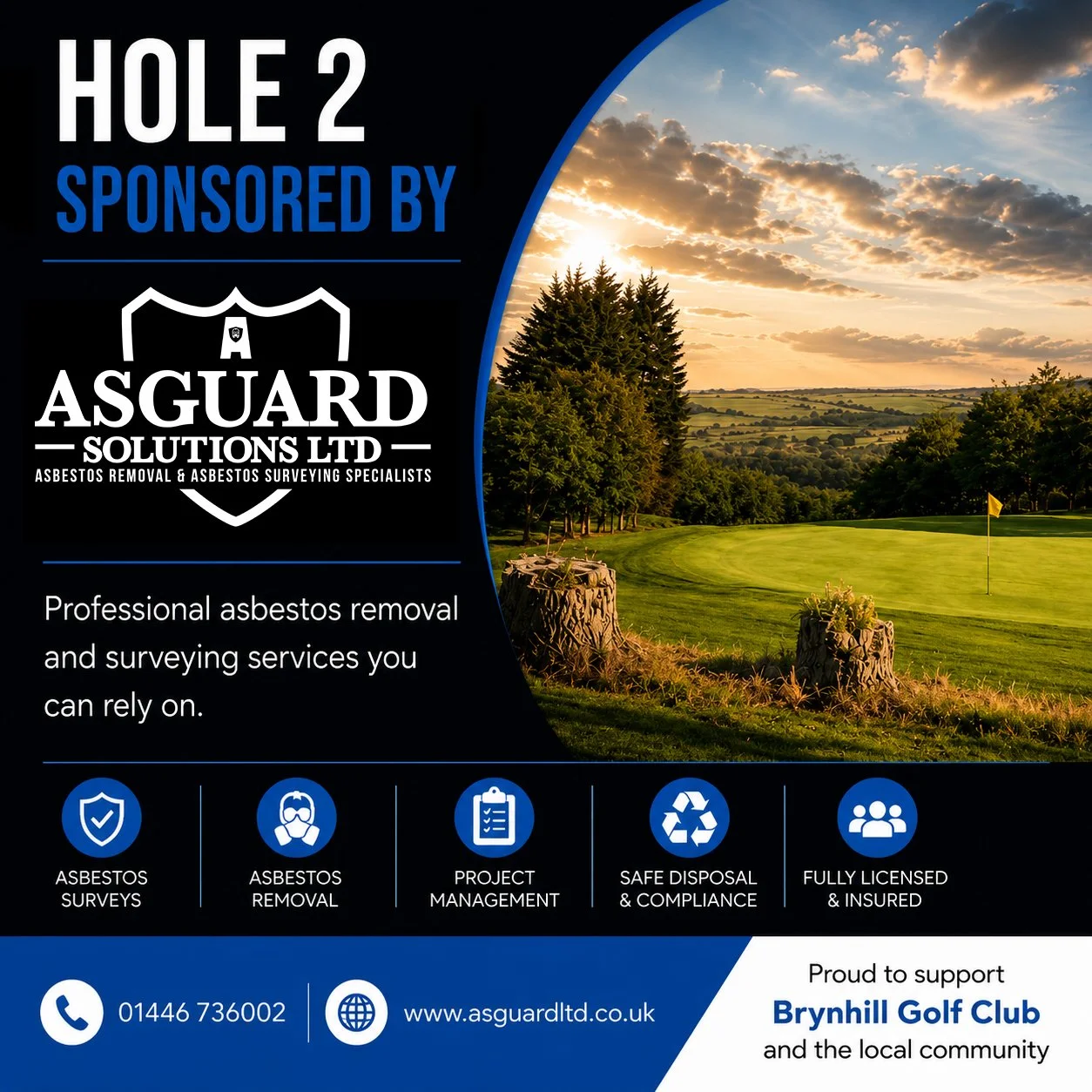 Flyer for Asguard Solutions Ltd with a background image of a golf course at sunset, advertising professional asbestos removal and surveying services, and supporting Brynhill Golf Club.