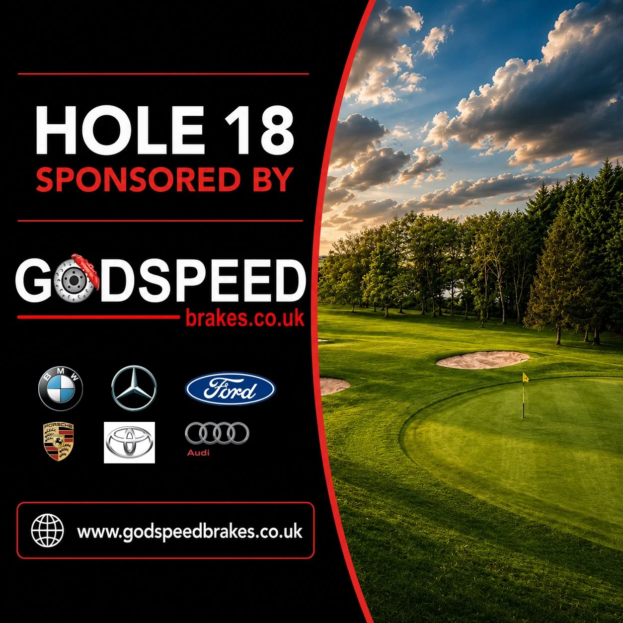 Advertisement for GodSpeed Brakes sponsored by various car brands, with a background of a golf course under a partly cloudy sky.