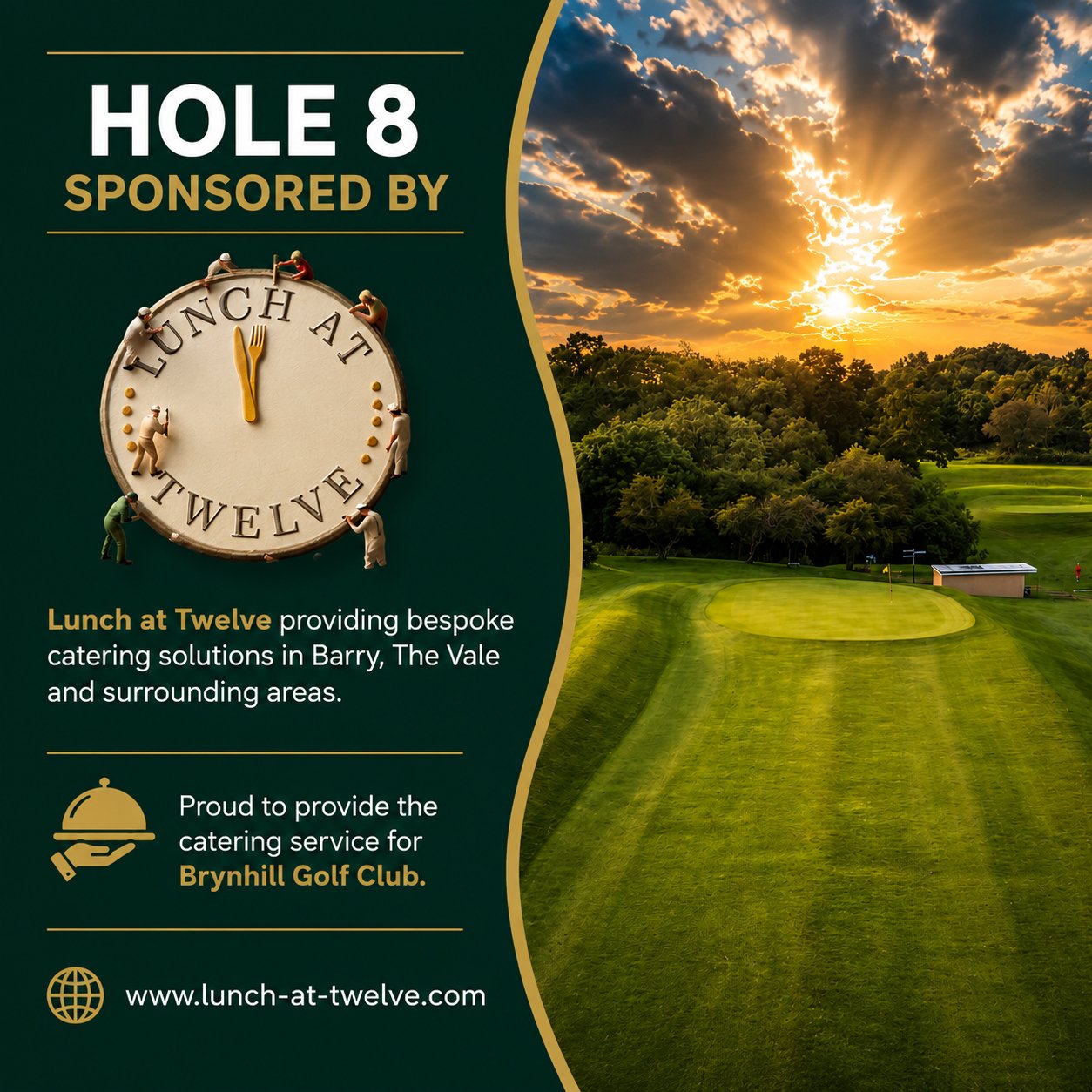 A promotional graphic for Lunch at Twelve, a catering service supported by Brynhill Golf Club, featuring a golf course at sunset and text about catering solutions in Barry, The Vale, and surrounding areas.