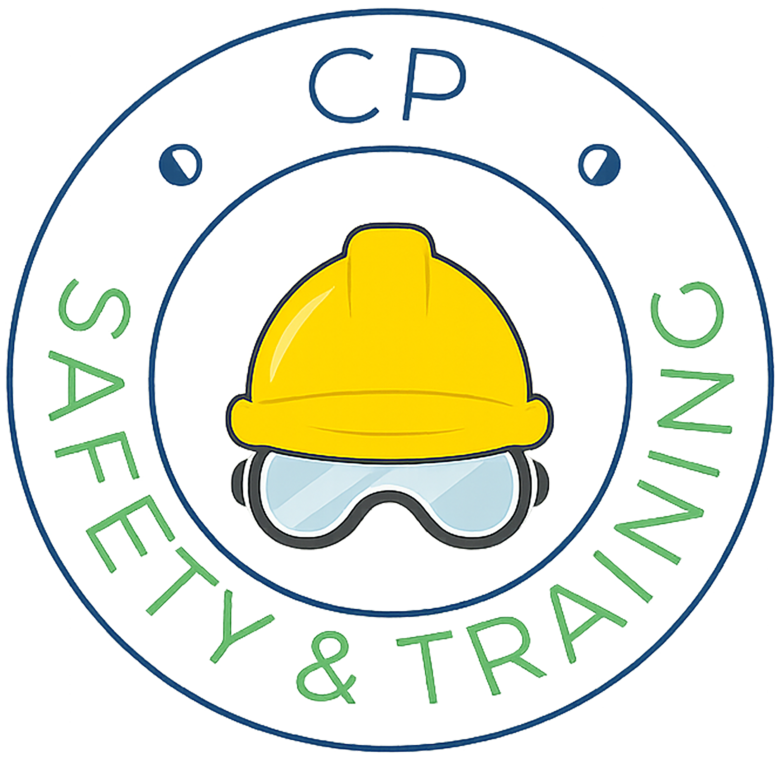 Graphic featuring a construction helmet, goggles, and text reading 'SAFETY FIRST' surrounding a circular design.