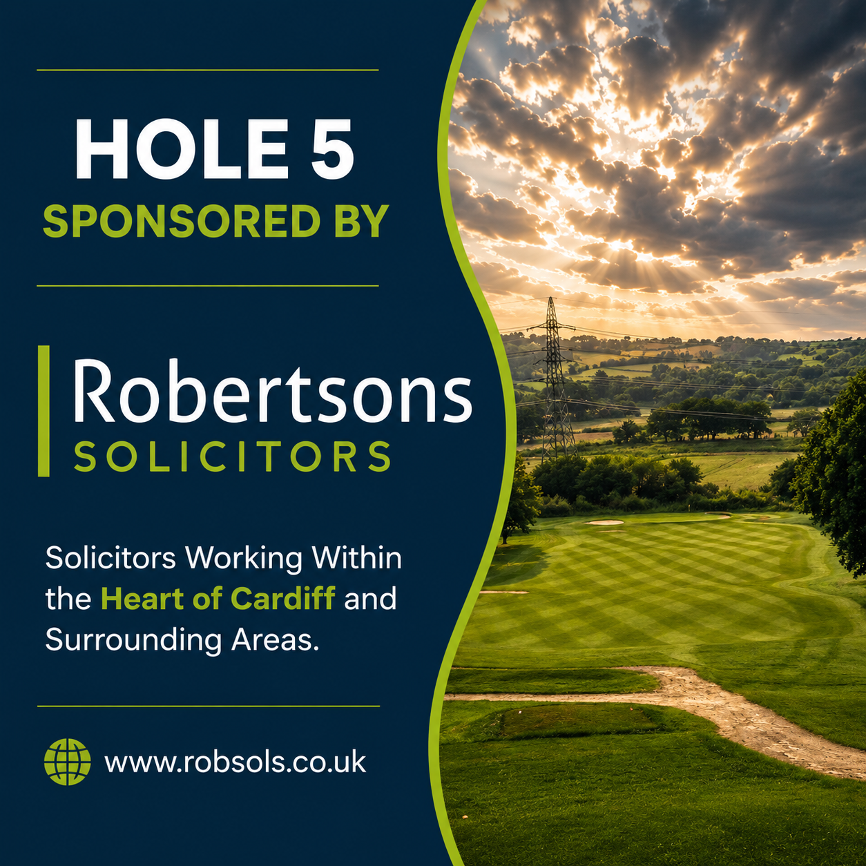 Promotional flyer for Hole 5 sponsored by Robertsons Solicitors, featuring a scenic golf course with a green, trees, rolling hills, power lines, and a dramatic sunset sky with clouds.
