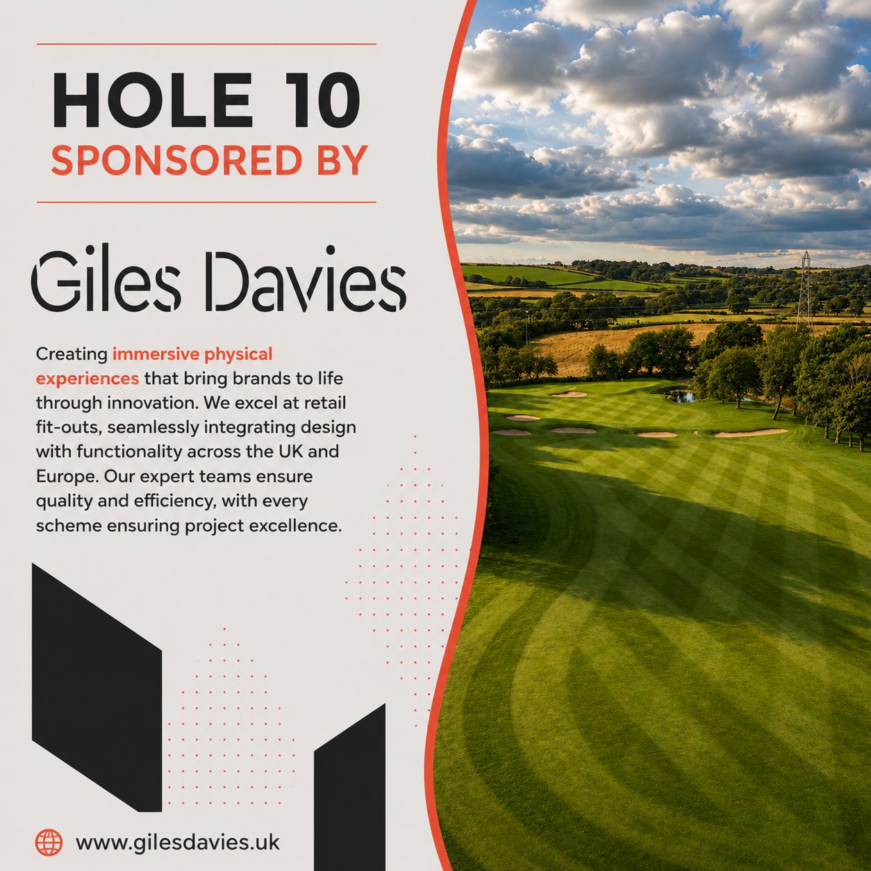 A promotional flyer for Giles Davies advertising sponsorship of Hole 10, featuring a scenic golf course with green fairways, trees, and a partly cloudy sky.