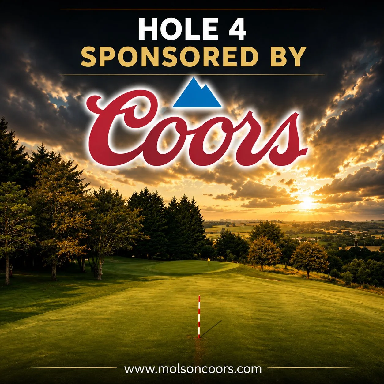 Sunset over a golf course with trees and rolling hills, promotional text for Hole 4 sponsored by Coors, and website www.molsoncoors.com.