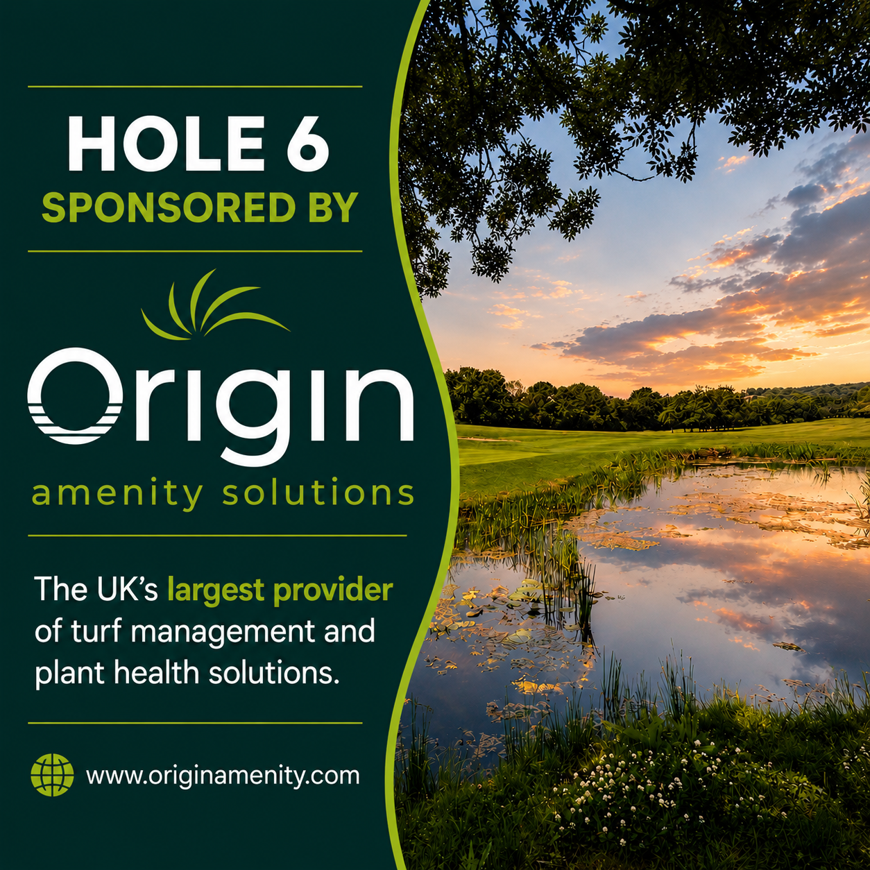 An advertisement for Origin amenity solutions featuring a scenic view of a golf course pond at sunset, with trees and clouds reflected in the water.
