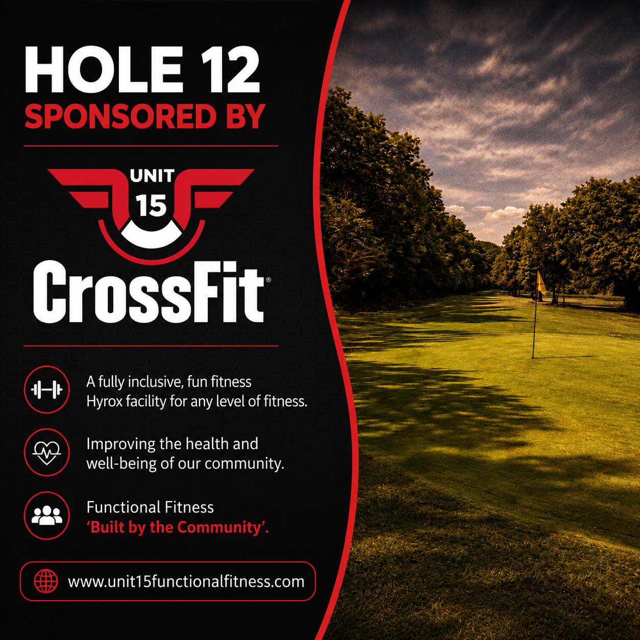Flyer for Hole 12 at a golf course sponsored by Unit 15 CrossFit, featuring a logo and information about fitness and community.