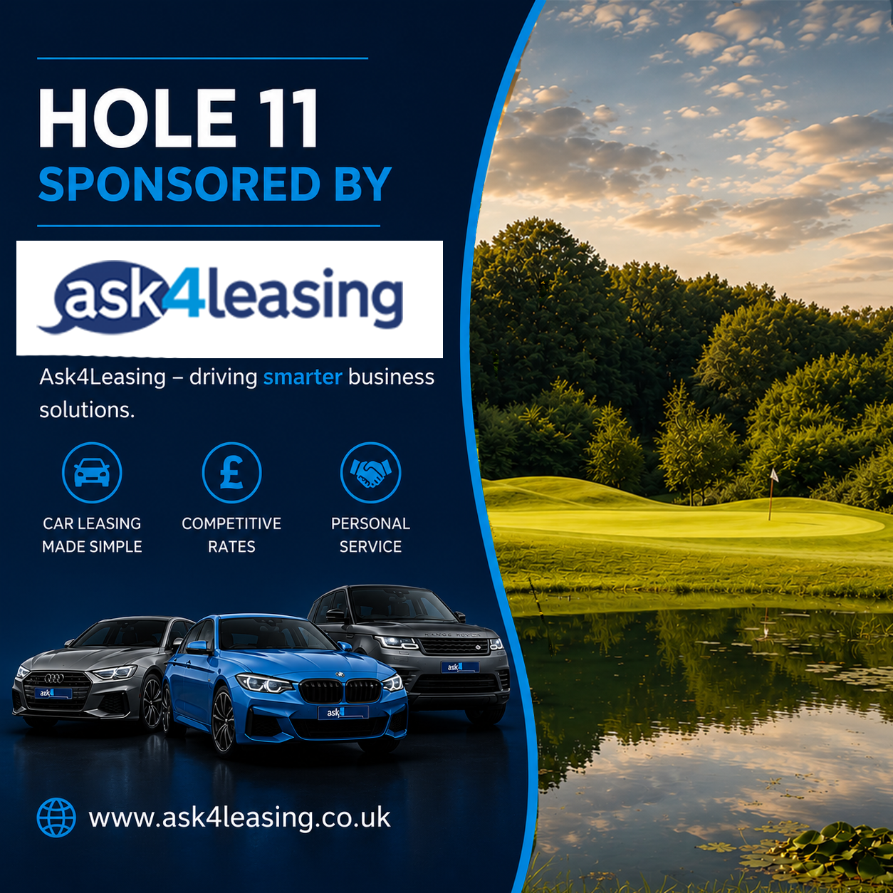 Advertisement for Ask4Leasing sponsored by Hole 11 at a golf course. Features three cars, slogans about car leasing and personal service. Website URL: www.ask4leasing.co.uk. Background shows a scenic golf course with a pond, trees, and a sunset sky.
