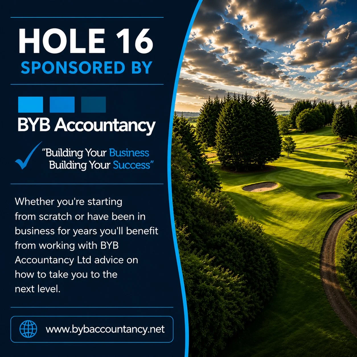 Promotional flyer for Hole 16 sponsored by BYB Accountancy featuring a golf course with trees and a partly cloudy sky.