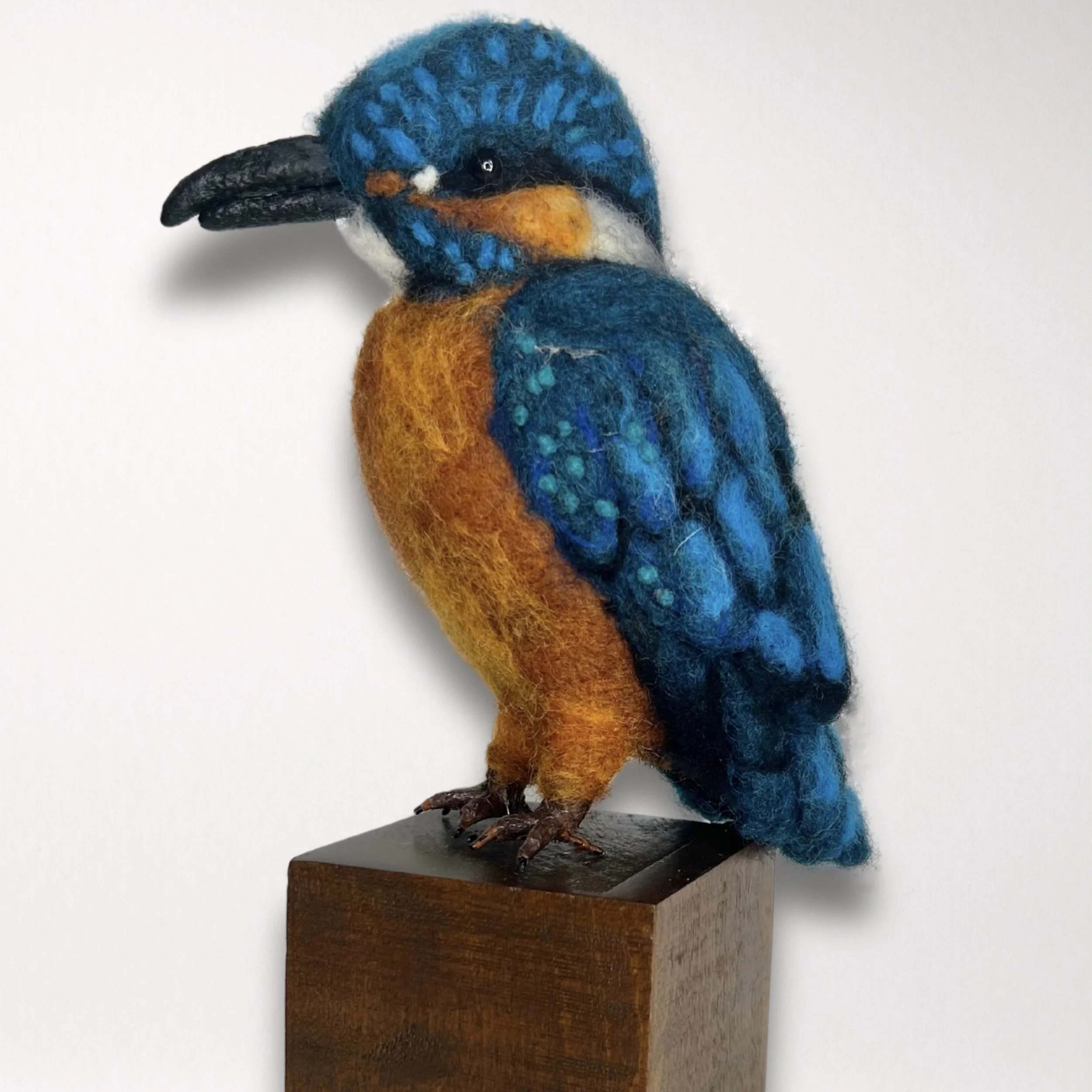 Needle Felted Kingfisher Sculpture (Mounted on Wood)